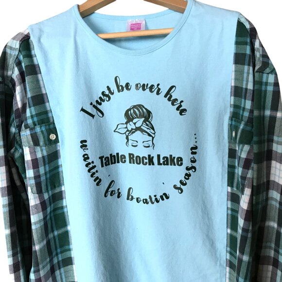 Table Rock Lake Oversized Graphic Tshirt, M-L: Boating Theme Flannel Tee Upcycle - Picture 3 of 9